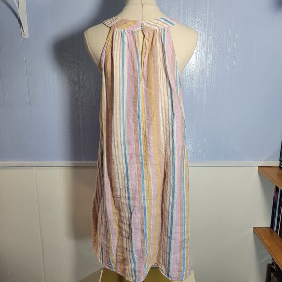 C&C California Medium Pastel Pink Blue Striped Round Neck Sleeveless Linen Dress - Picture 2 of 10